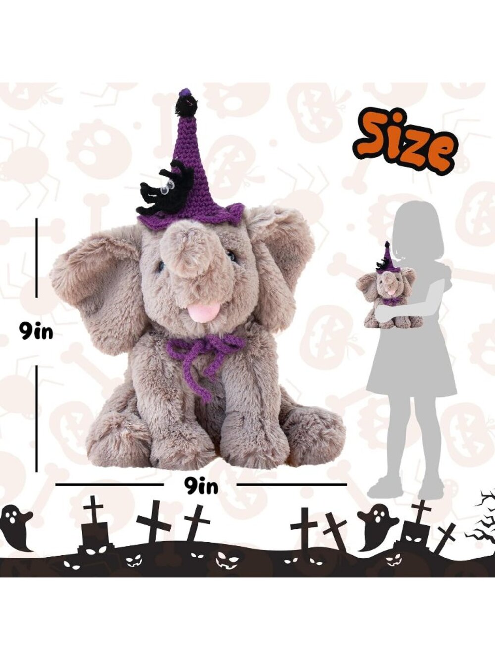 10" Halloween Gray Elephant Plush Witch Hat Soft Floppy Stuffed Animal - Picture 4 of 6
